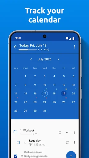 Track your calendar feature in Daily Planner app displaying July 2026 calendar view with today's date highlighted, showing 50% task completion progress and daily task list