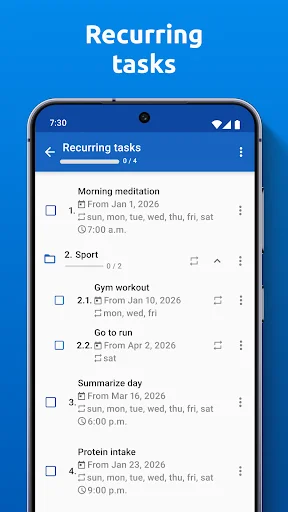 Recurring tasks screen showing scheduled repeating activities like Morning meditation, Sport, Gym workout, and Coffee with frequency information for daily habit tracking and task scheduling