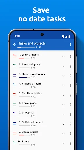 Save no-date tasks feature displaying Tasks and projects list with categories including Work projects, Personal goals, Home maintenance, Fitness & health, and Travel plans for task organization