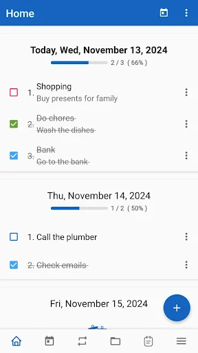 Daily Planner home screen showing today's date November 13, 2024 with task progress 66%, daily to-do list with shopping, chores, and errands, and upcoming dates for task management