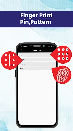 Fingerprint and pattern lock authentication options displayed on phone with red circular biometric security icons