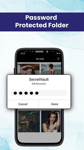 Password protection setup dialog on smartphone displaying SecretVault password entry field with cancel and done buttons