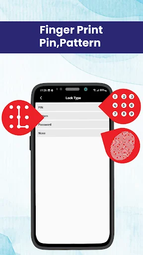 Fingerprint and pattern lock authentication options displayed on phone with red circular biometric security icons
