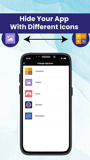 Change app icon menu on smartphone displaying alternative app disguises including Calculator, Gallery, Game, and Browser icons