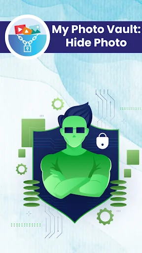 My Photo Vault security illustration with green figure showcasing private photo hiding and vault protection features
