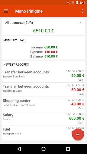 My Wallet app dashboard showing account balance of 6510 EUR, monthly income, expenses, balance stats, and recent transaction history including transfers and salary entries