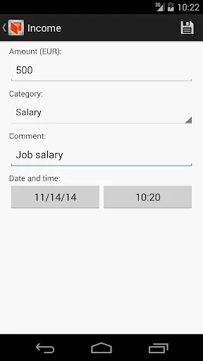 Income entry form with amount field set to 500 EUR, category dropdown showing Salary, comment field with Job salary text, and date/time picker set to 11/14/14 10:20