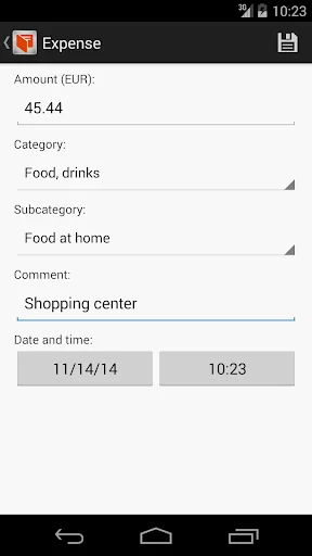 Expense entry form with amount 45.44 EUR, category Food drinks, subcategory Food at home, comment Shopping center, and date/time stamp 11/14/14 10:23
