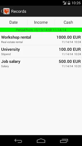 Transaction records list displaying filtered income and cash entries from 10/13/14 to 11/14/14, showing Workshop rental, University stipend, and Job salary transactions with amounts