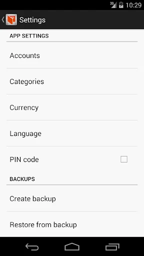 Settings menu displaying app configuration options including Accounts, Categories, Currency, Language, PIN code, and Backup functions for creating and restoring data
