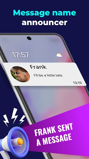 Message name announcer app announcing incoming SMS from Frank with speaker icon and text notification alert
