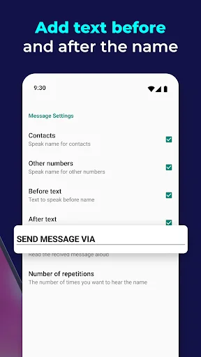 Message Settings customization interface for adding text before and after sender names in announcements