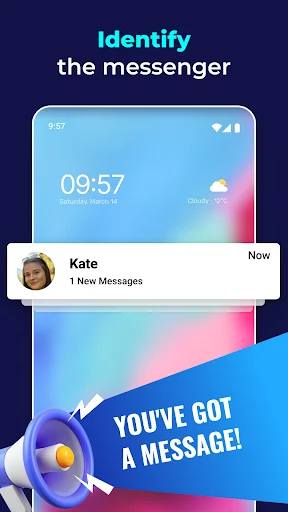 Kate's incoming message notification with messenger identification and audio announcement feature