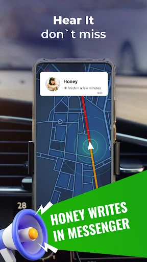 Map view screen showing Honey's Messenger notification with continuous message monitoring capability