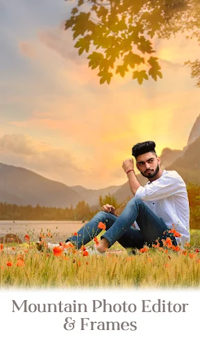 Mountain landscape photo frame editor featuring man in scenic mountain valley with flowers and sunset sky