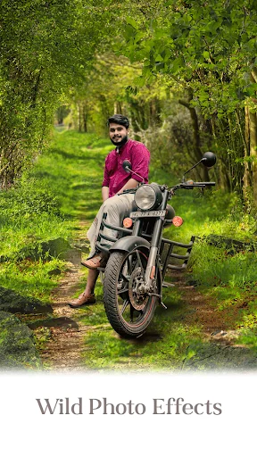 Wild photo effects editor with motorcycle portrait in lush green forest nature background for photo enhancement