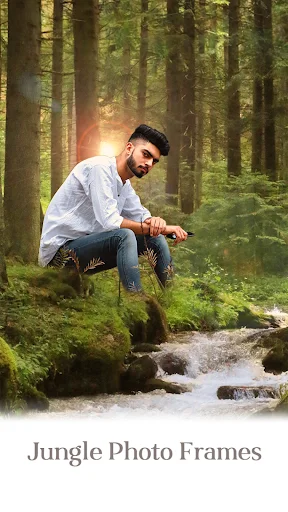 Jungle photo frame editor with forest stream setting for creating nature-themed portrait photo frames