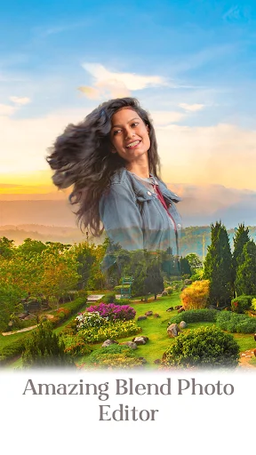 Amazing blend photo editor with double exposure effect merging portrait with sunset garden landscape scene