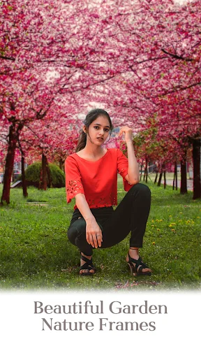 Beautiful garden nature frames featuring woman portrait under blooming cherry blossom trees with spring scenery