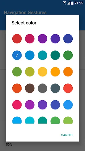 Color picker palette with multiple color options for personalizing Navigation Gestures button appearance