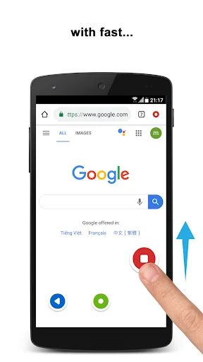 Fast edge swipe gesture navigation demonstrated on Google search page with vertical upward motion