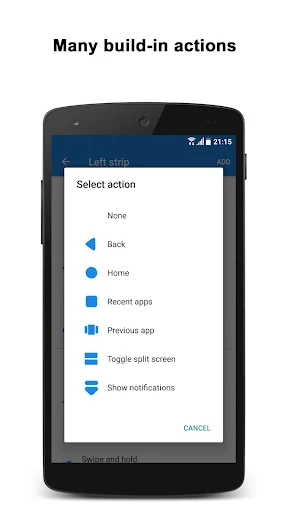 Select action dialog displaying built-in gesture actions including Back, Home, Recent apps, and Toggle split screen