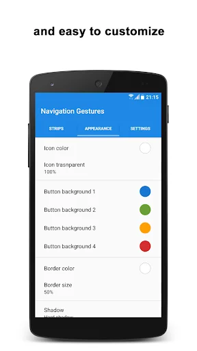 Appearance customization settings with icon color, button background colors, border, and shadow options