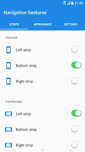 Navigation Gestures Strips settings showing toggles for Left, Bottom, and Right edge strips in Portrait and Landscape modes