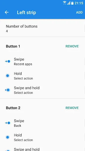 Left strip gesture configuration page showing Swipe, Hold, and Swipe-and-hold actions for multiple buttons