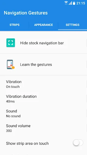 Navigation Gestures Settings tab with Hide stock navigation bar, Learn gestures, vibration, and sound configuration options