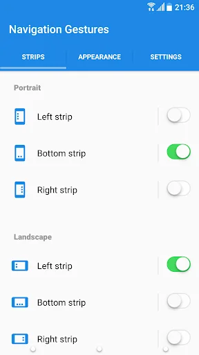 Navigation Gestures Strips settings showing toggles for Left, Bottom, and Right edge strips in Portrait and Landscape modes