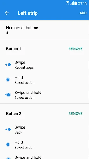 Left strip gesture configuration page showing Swipe, Hold, and Swipe-and-hold actions for multiple buttons