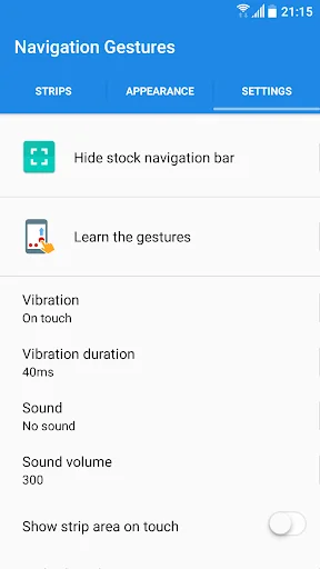 Navigation Gestures Settings tab with Hide stock navigation bar, Learn gestures, vibration, and sound configuration options