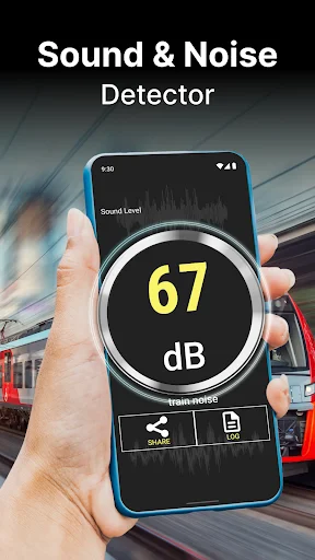 Sound level meter displaying 67 dB on smartphone gauge with waveform visualization and share/log measurement options