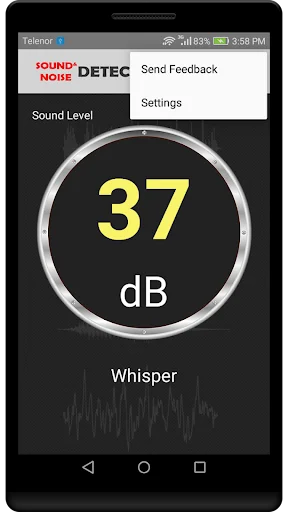 Sound and Noise Detector settings menu showing whisper detection at 37 dB with feedback and settings access options
