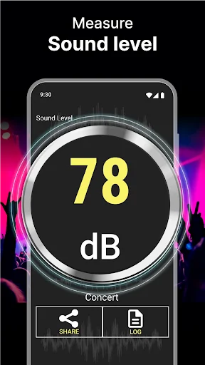 Concert noise detection showing 78 dB sound level on circular gauge meter with waveform and sharing features