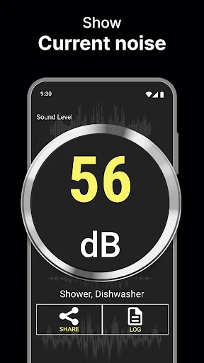 Household noise detector measuring 56 dB from shower and dishwasher with sound waveform and logging functionality