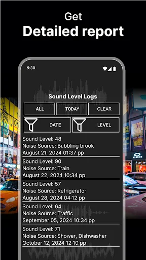 Sound level logs screen displaying detailed measurement history with noise sources, timestamps, and decibel readings