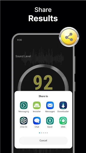 Share sound measurement results menu showing 92 dB with messaging, email, SMS, and app options for data sharing