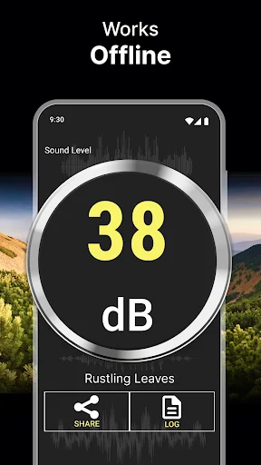 Offline sound meter measuring 38 dB from rustling leaves with full functionality without internet connection required