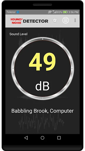 Noise detector identifying sound sources - babbling brook and computer - at 49 dB with waveform visualization