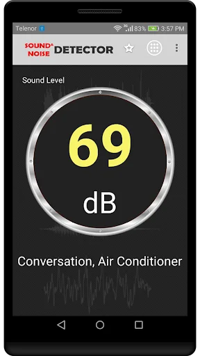 Sound meter detecting multiple noise sources - conversation and air conditioner - at 69 dB decibel measurement