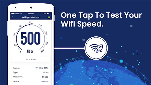 Speed test interface showing 500 Kbps result gauge with network details and one-tap WiFi speed testing functionality.