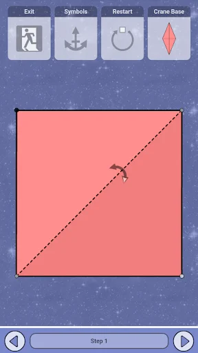 Step-by-step origami folding instruction showing pink square paper with diagonal fold line marked for Crane Base, Step 1 of tutorial.