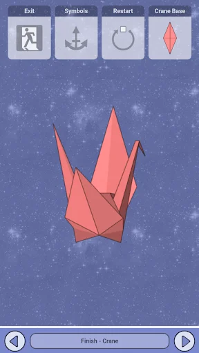 Completed 3D red origami crane model displayed against starry night sky background showing final folding result.