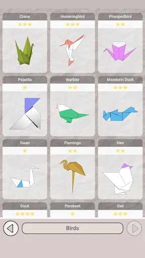 Birds origami category view displaying 12 paper folding bird designs with star difficulty ratings for beginners to advanced folders.