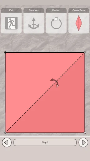 Origami folding tutorial Step 1 showing pink square paper with diagonal fold line guide and instruction tools at top.