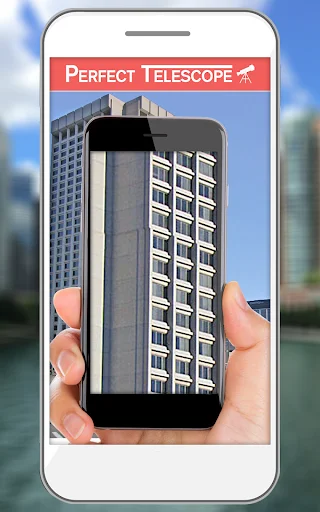 Telescope Camera Zoom HD app header with high-magnification digital zoom view of distant building detail on smartphone screen