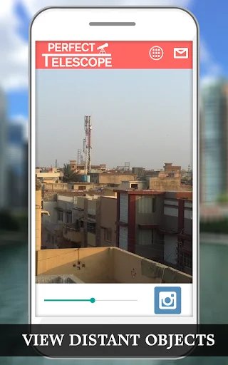 Perfect Telescope app interface showing distant cityscape view with adjustable zoom slider control for magnification