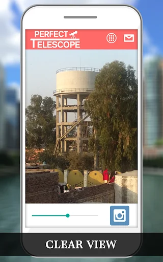 Telescope app displaying clear high-definition view of water tank with zoom adjustment slider for distant object viewing